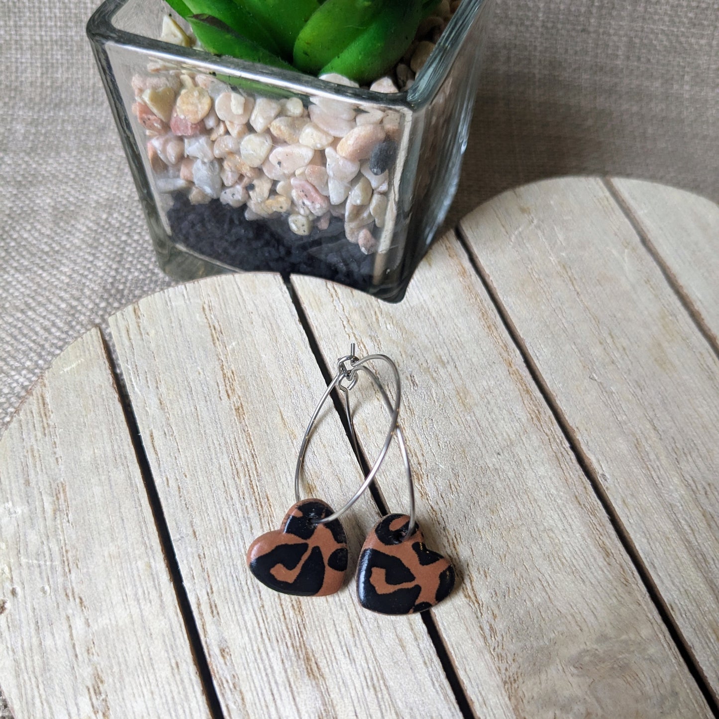 Brown leopard heart hoops
