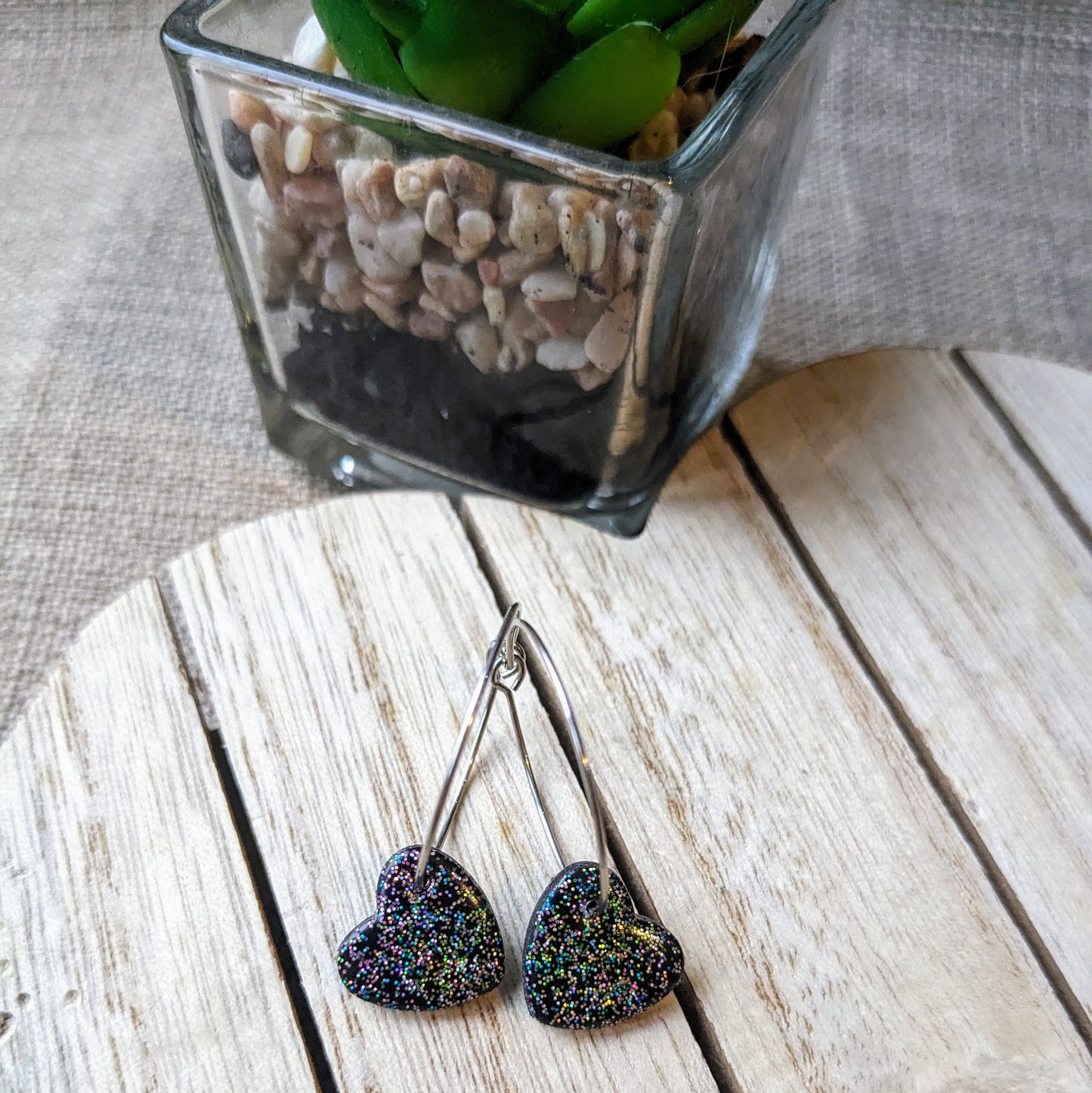 Black mixed glitter heart hoops