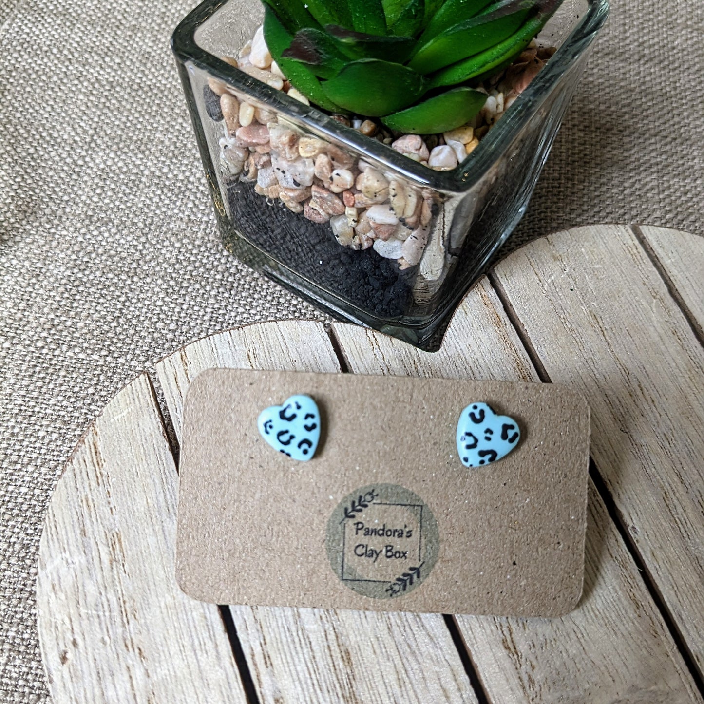 Mint leopard print heart studs
