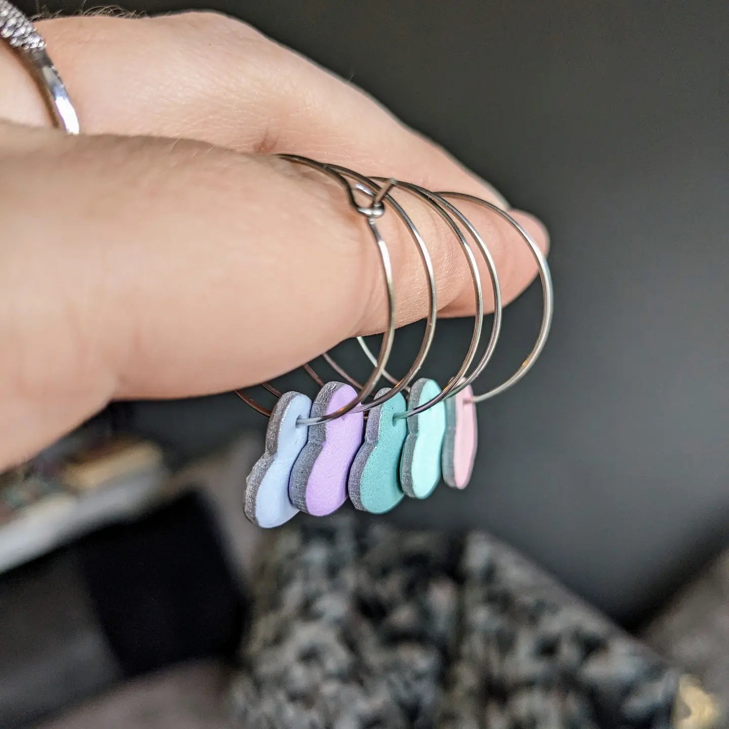 Silver outline lilac heart hoops