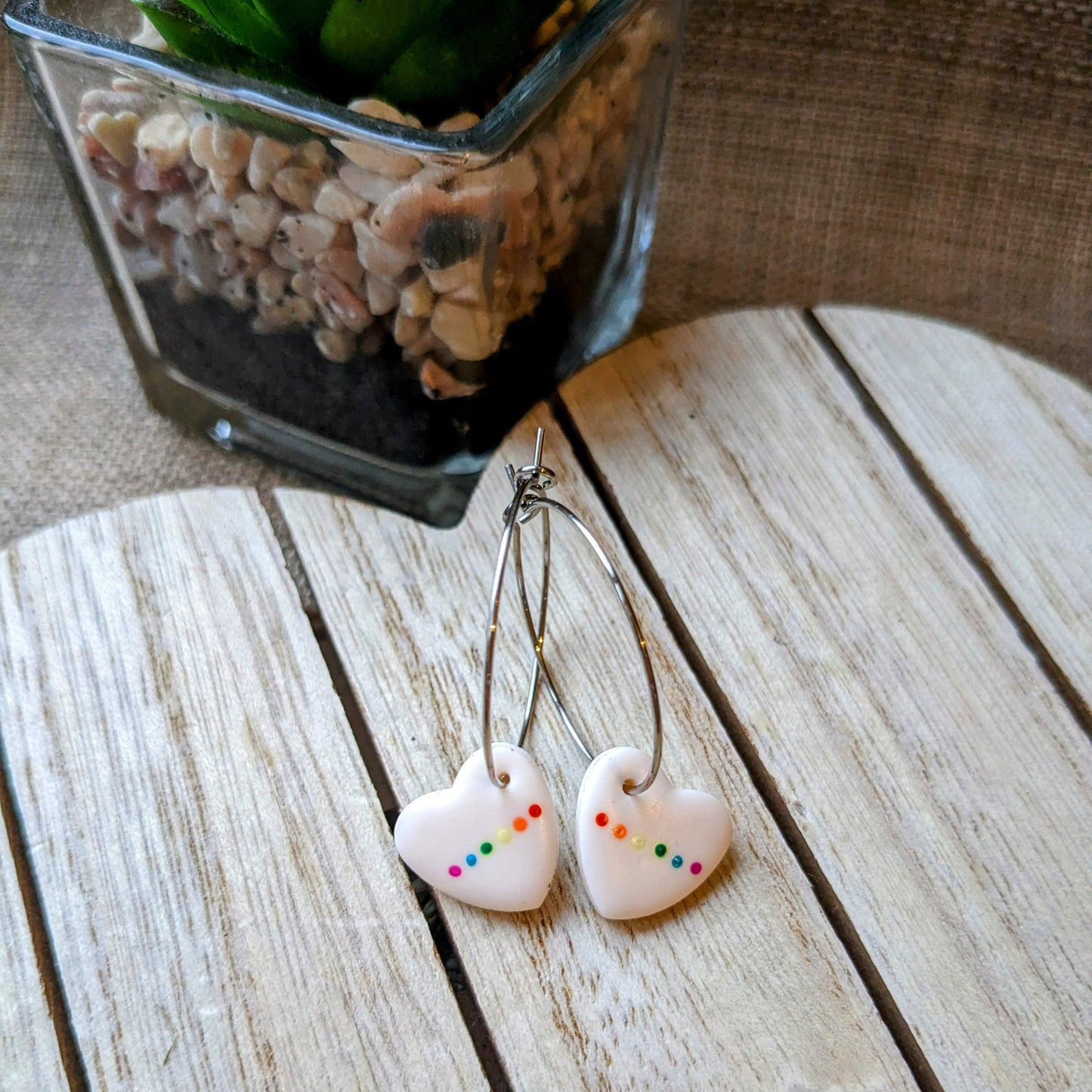 Rainbow dotted heart hoops