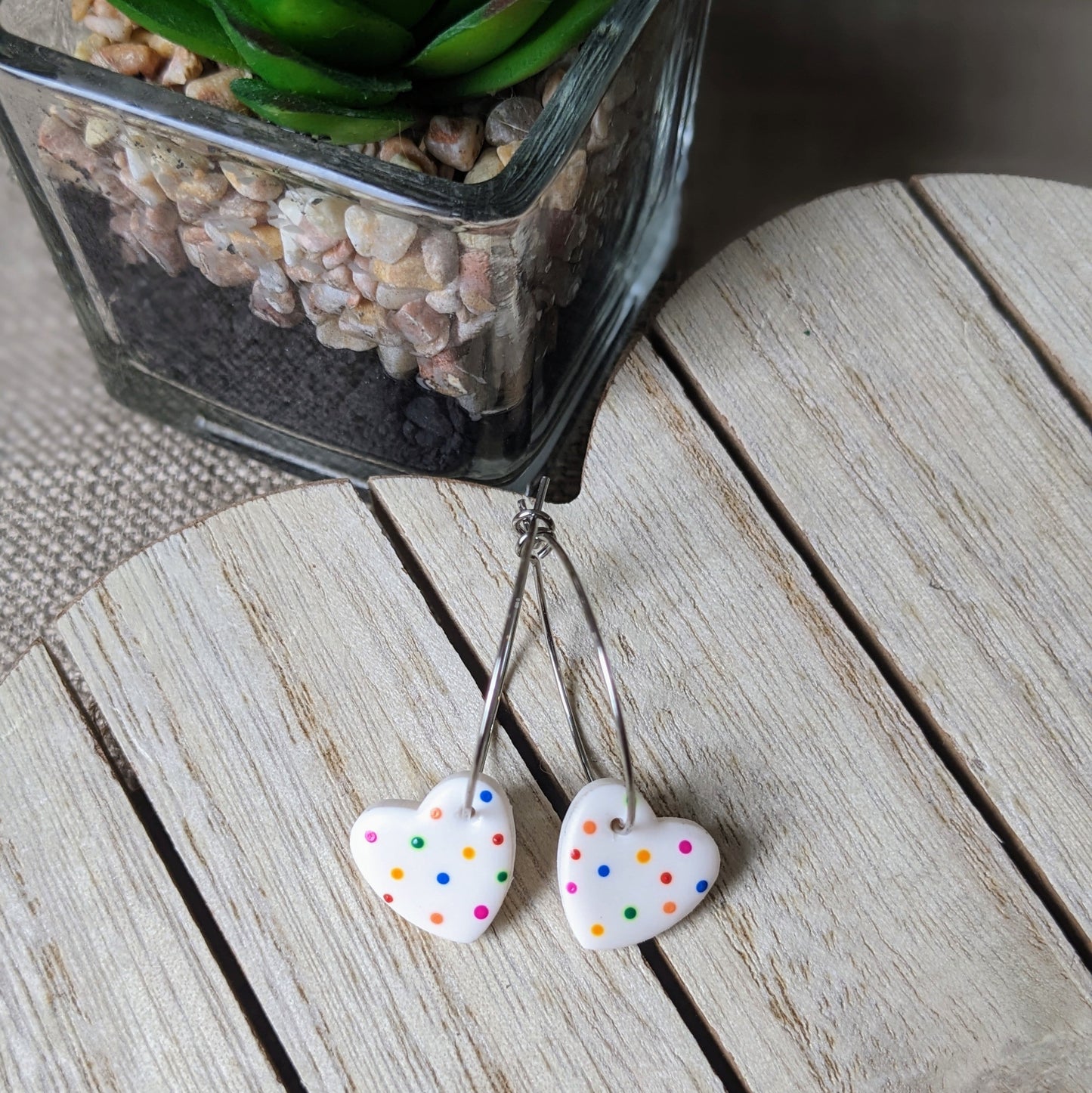 Rainbow polka heart hoops