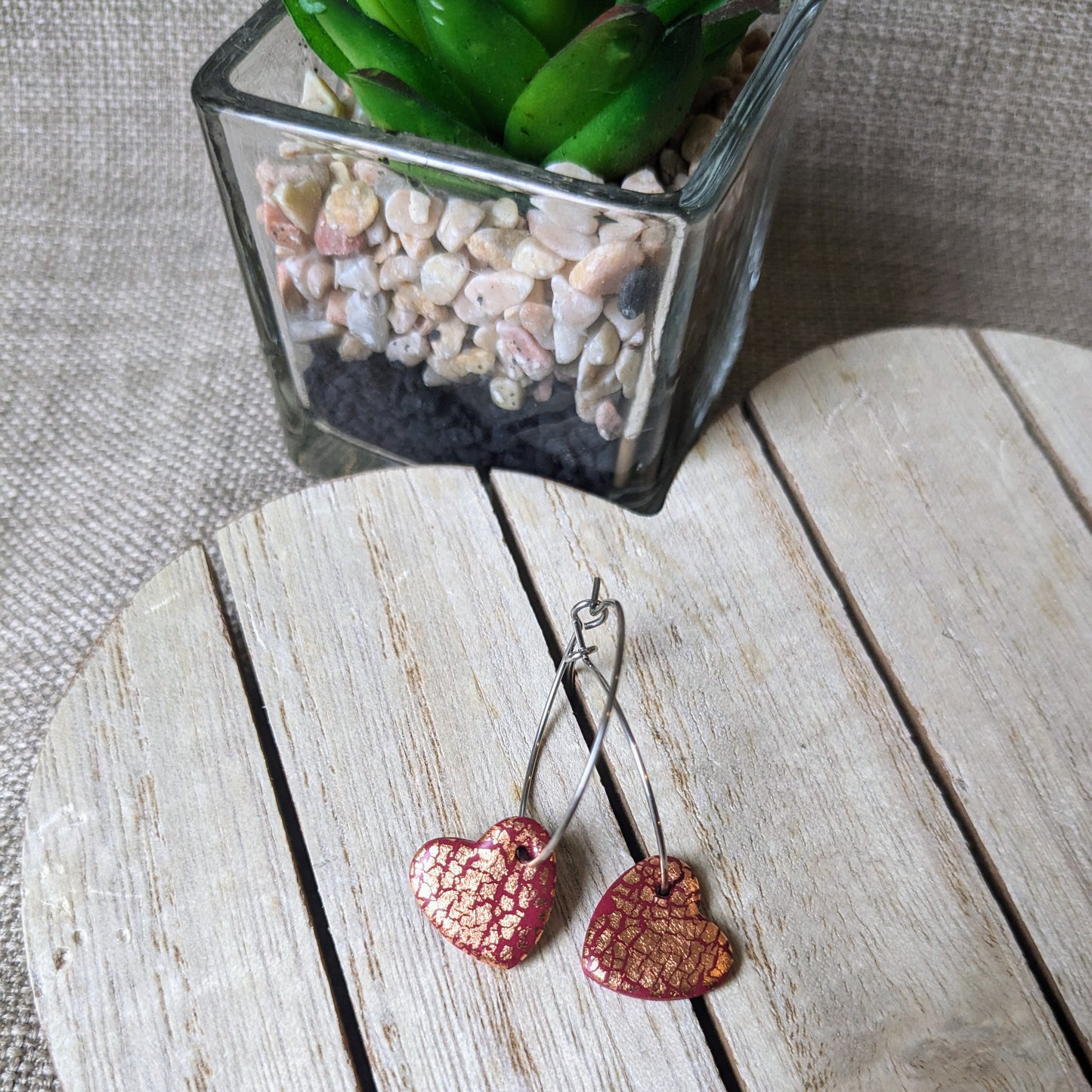 Burgundy/rose gold heart hoops