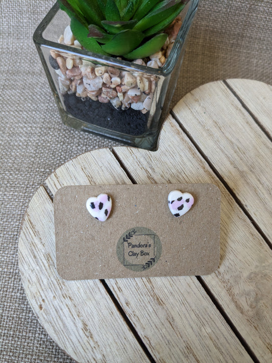 white/pink leopard heart studs