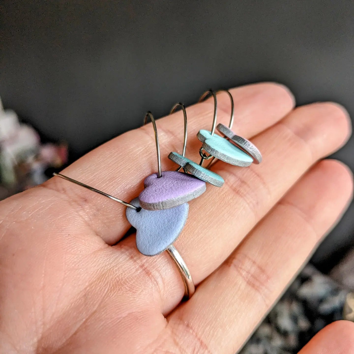 Silver outline mint heart hoops