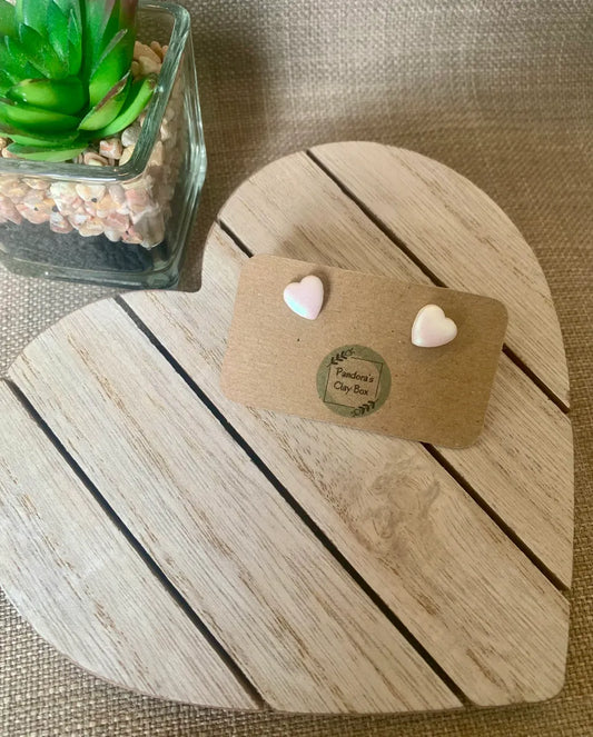 Iridescent white heart studs