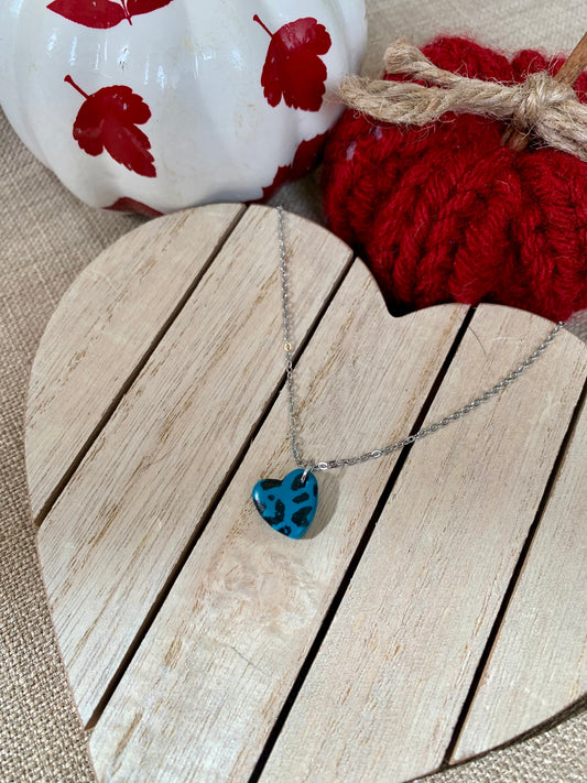 Teal leopard heart necklace