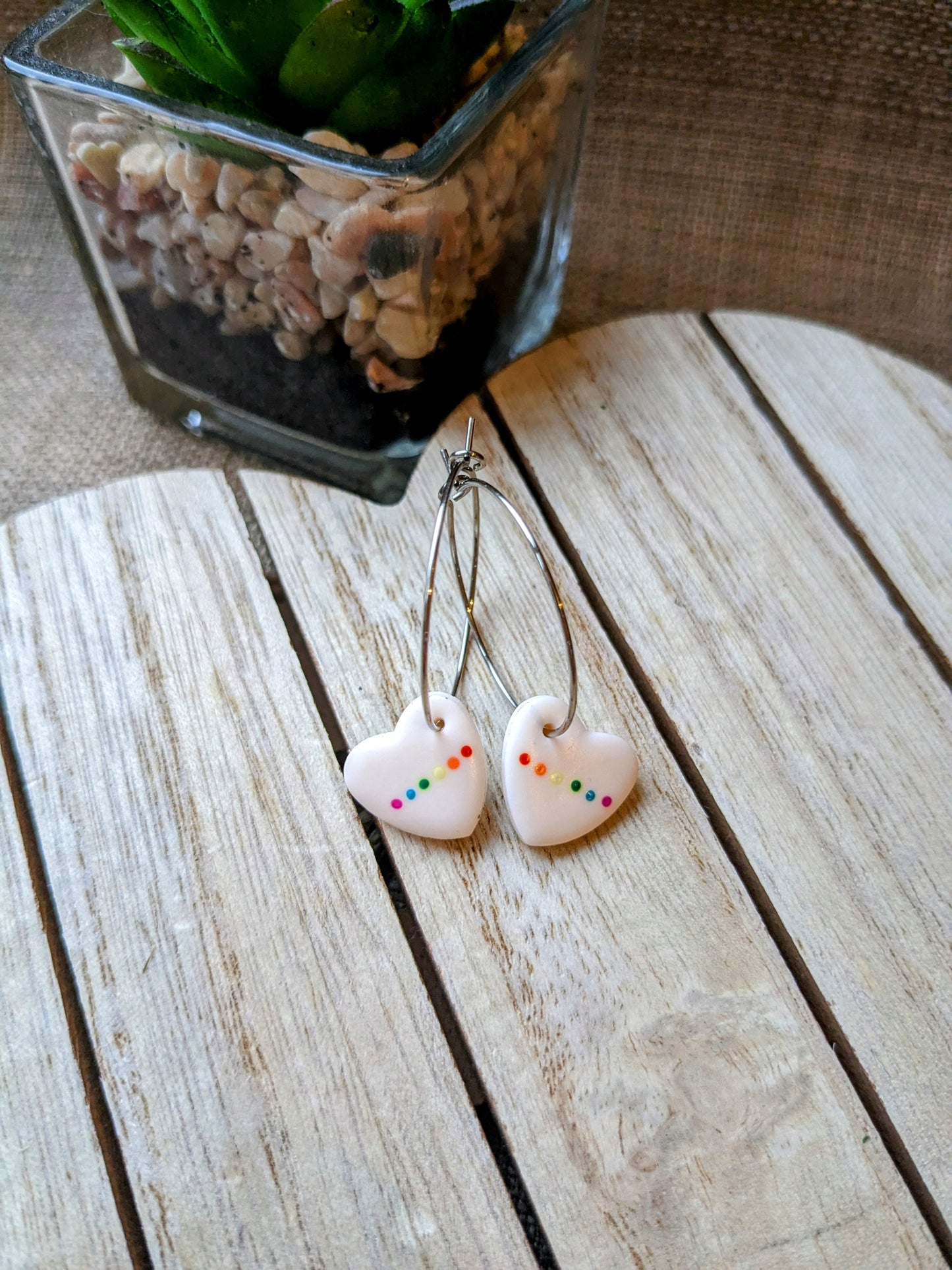 Rainbow dotted heart hoops