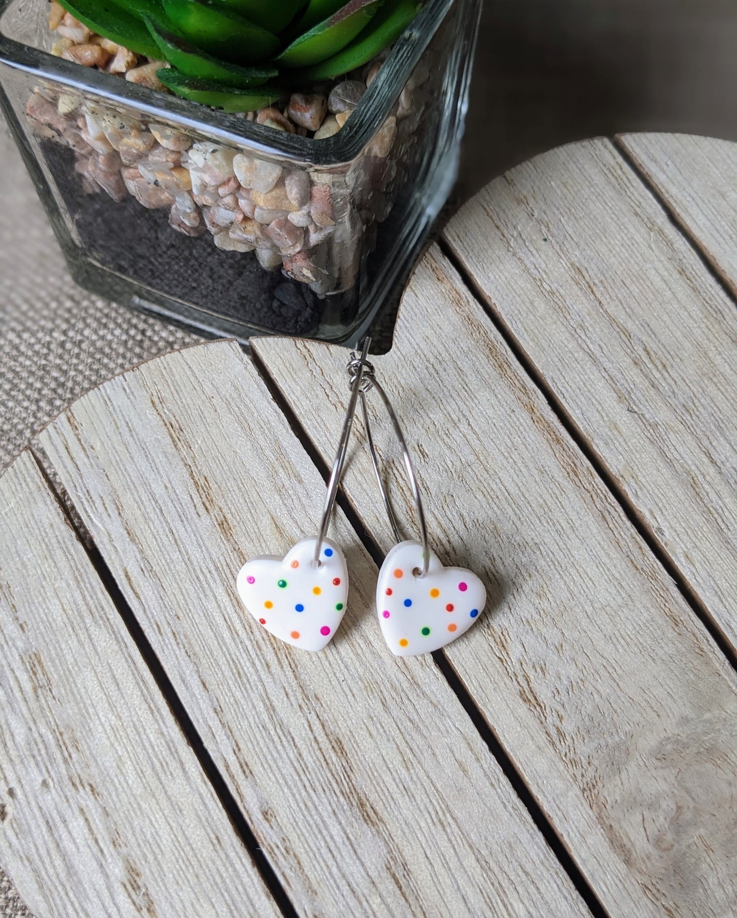 Rainbow polka heart hoops